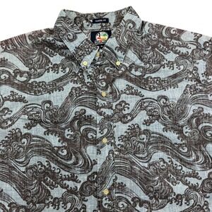 Reyn Spooner Shirt Mens XL Blue Short Sleeve Button Wave Ocean Print Classic Fit